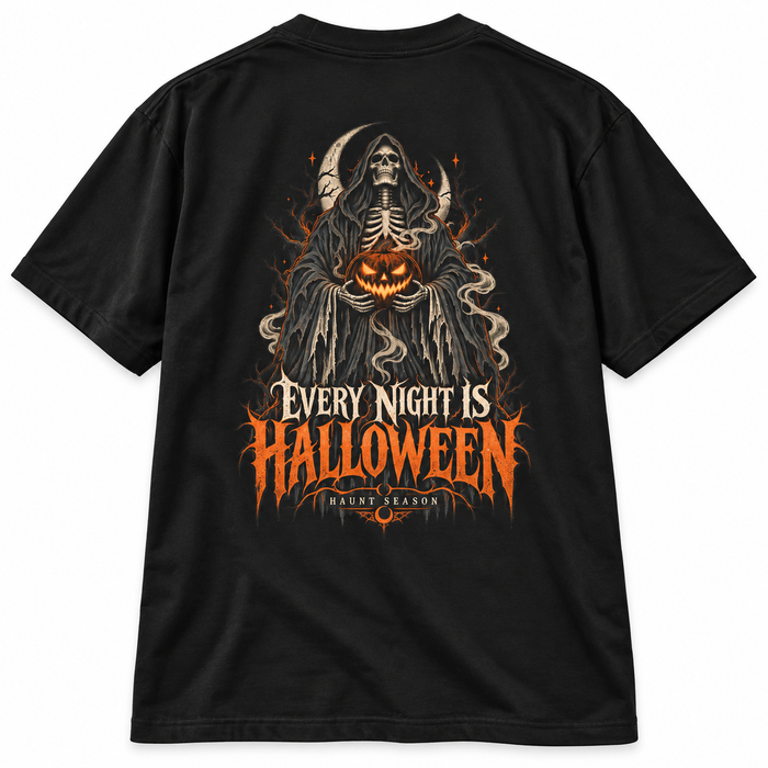 Every Night Is Halloween black heavyweight t-shirt with a reaper and pumpkin graphic, from Haunt Season.