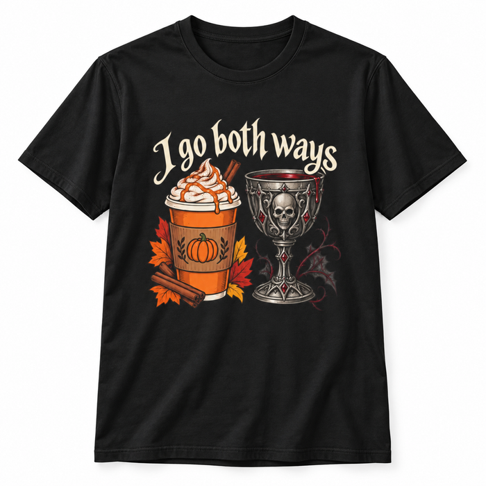 I Go Both Ways t-shirt from Haunt Season, a pumpkin spice and gothic design, colorway 6 of 6.