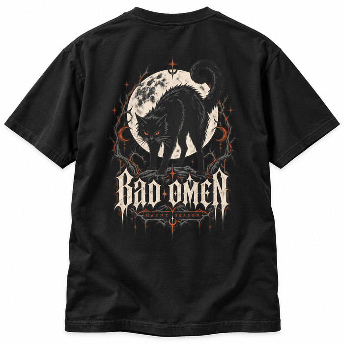 Bad Omen black heavyweight t-shirt with a black cat graphic, from Haunt Season.