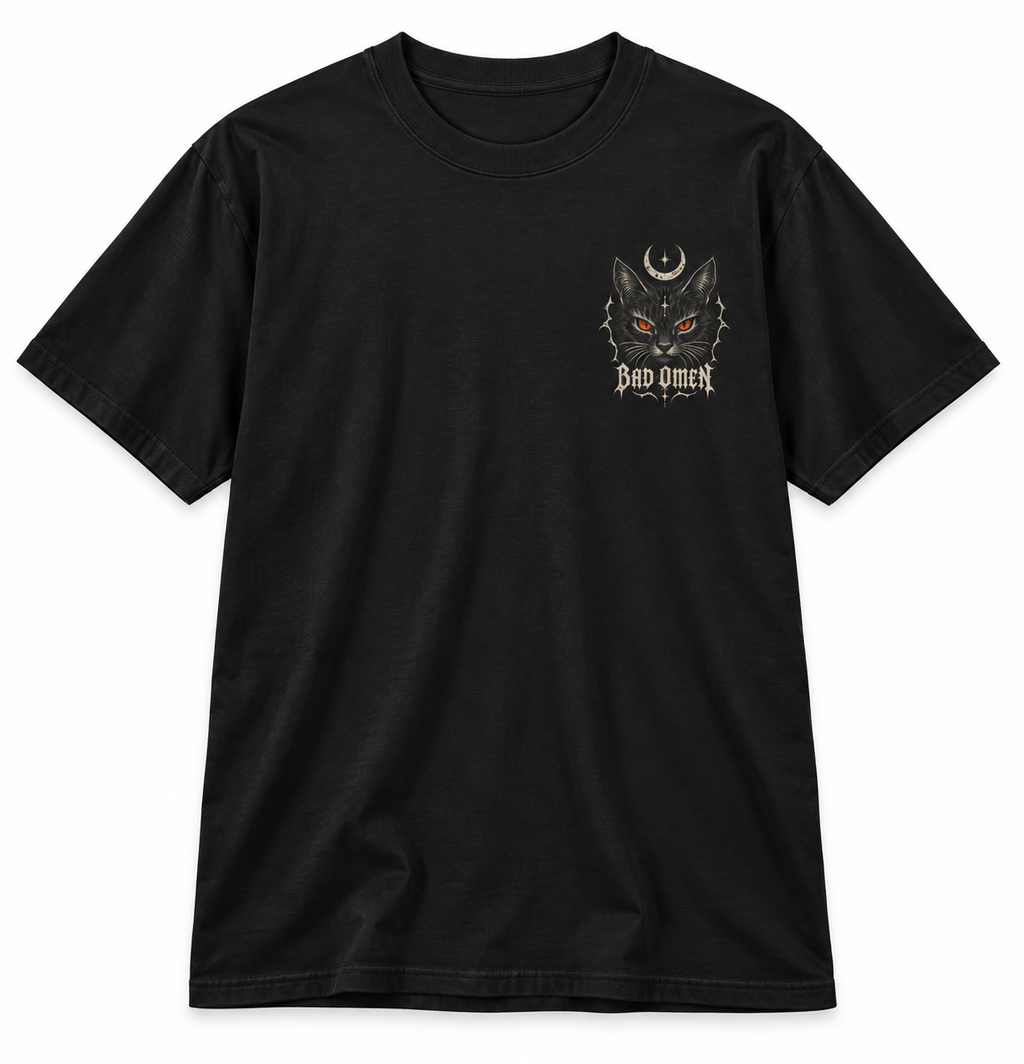 Bad Omen black heavyweight t-shirt with a black cat graphic, alternate view.
