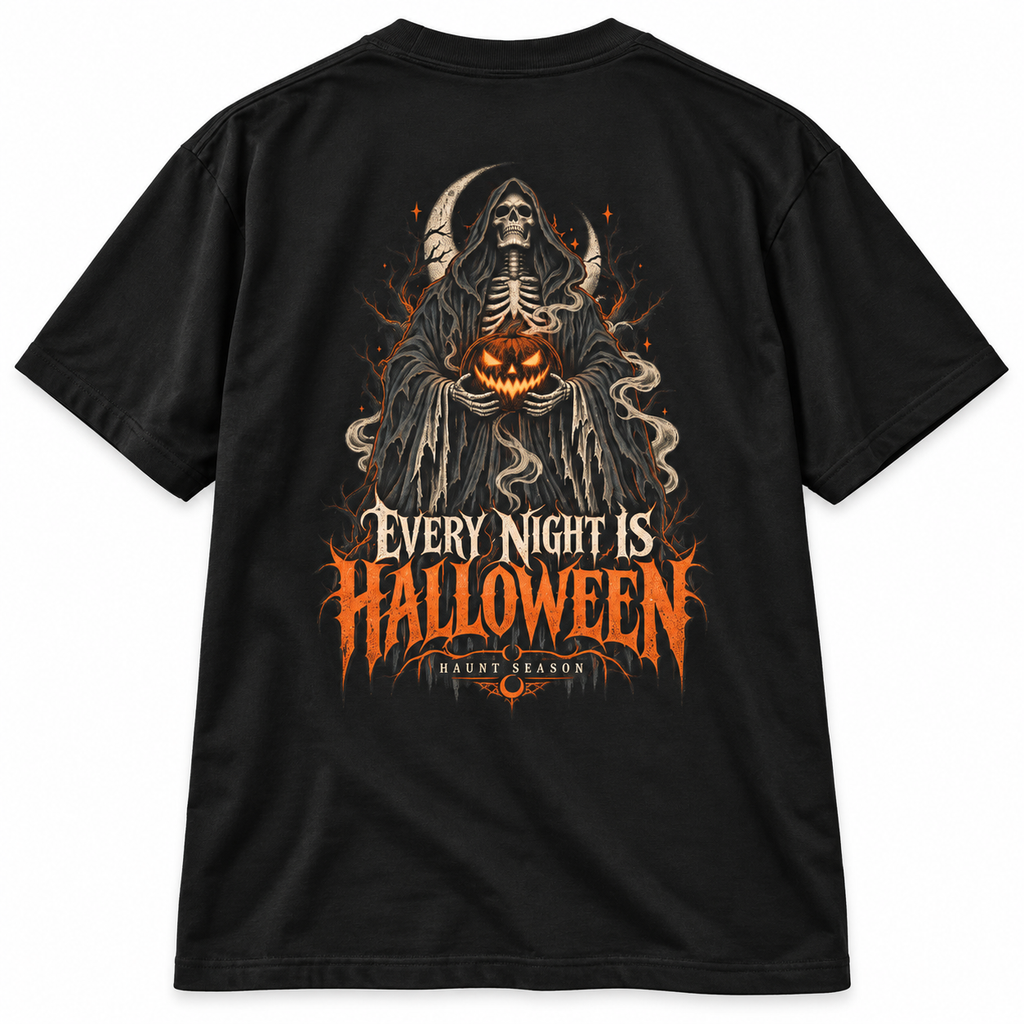 Every Night Is Halloween black heavyweight t-shirt with a reaper and pumpkin graphic, from Haunt Season.