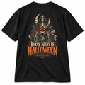Every Night Is Halloween black heavyweight t-shirt with a reaper and pumpkin graphic, from Haunt Season.