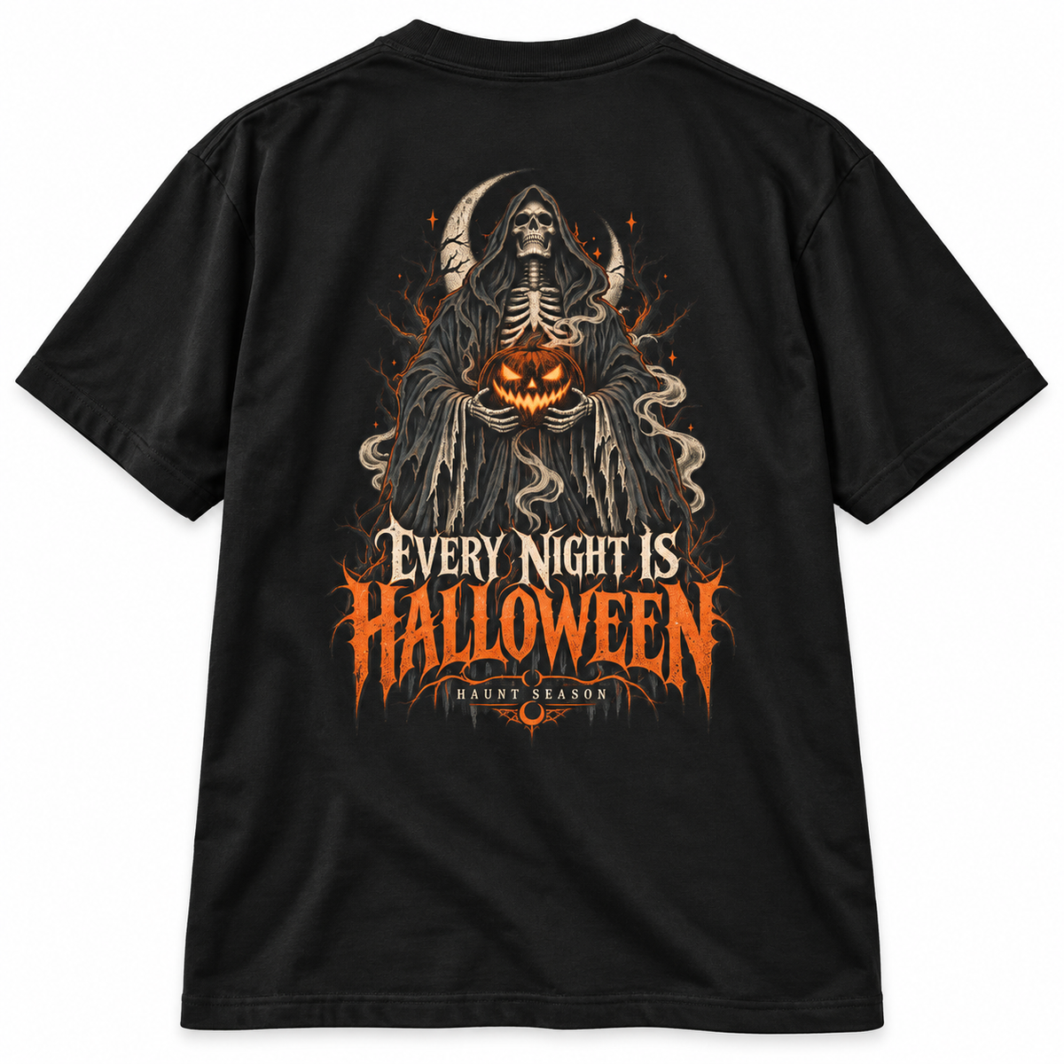 Every Night Is Halloween black heavyweight t-shirt with a reaper and pumpkin graphic, from Haunt Season.
