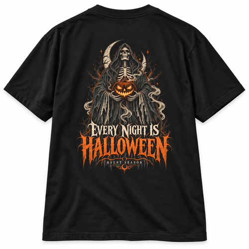 Every Night Is Halloween black heavyweight t-shirt with a reaper and pumpkin graphic, from Haunt Season.
