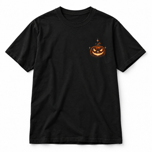 Every Night Is Halloween black heavyweight t-shirt with a reaper and pumpkin graphic, alternate view.