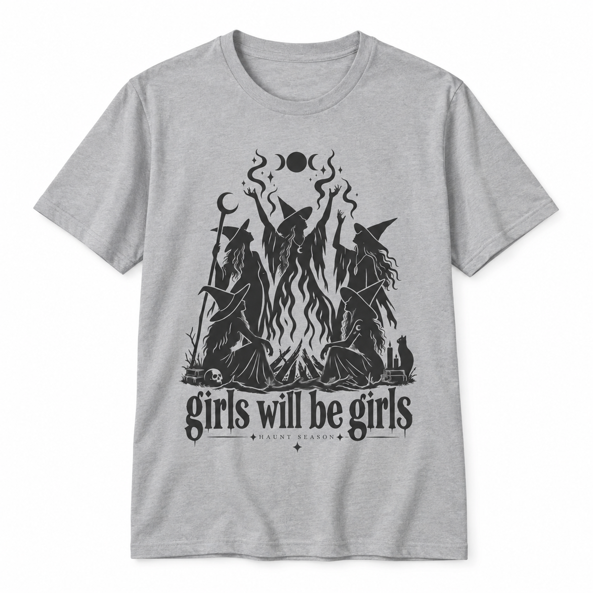 Girls Will Be Girls t-shirt from Haunt Season, a witch and coven design, colorway 1 of 5.