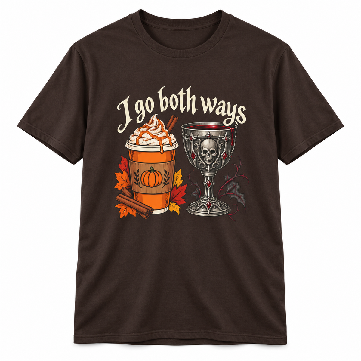 I Go Both Ways t-shirt from Haunt Season, a pumpkin spice and gothic design, colorway 1 of 6.
