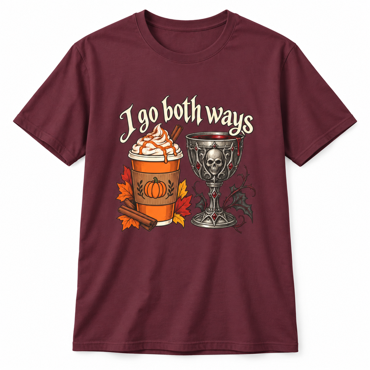 I Go Both Ways t-shirt from Haunt Season, a pumpkin spice and gothic design, colorway 2 of 6.