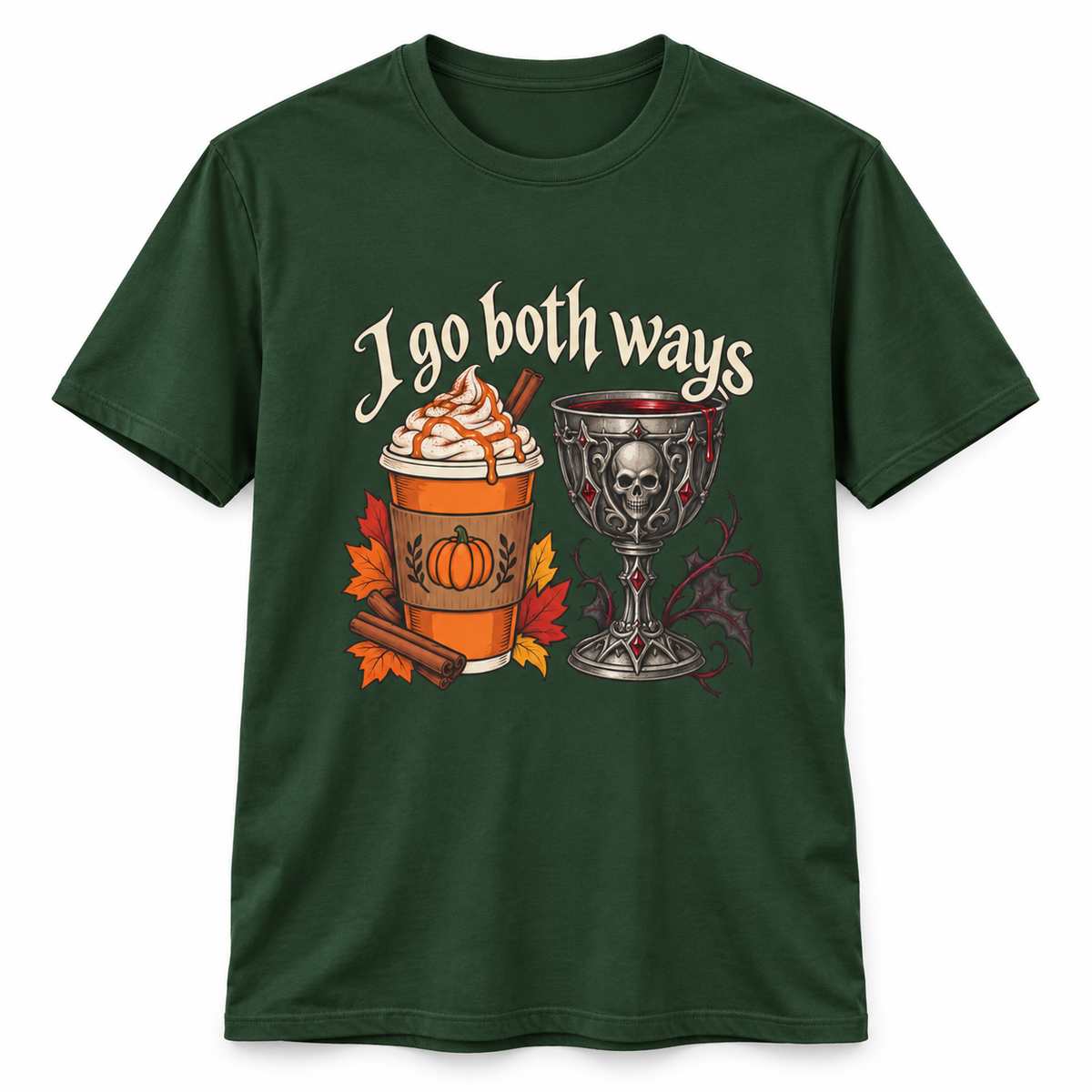I Go Both Ways t-shirt from Haunt Season, a pumpkin spice and gothic design, colorway 3 of 6.