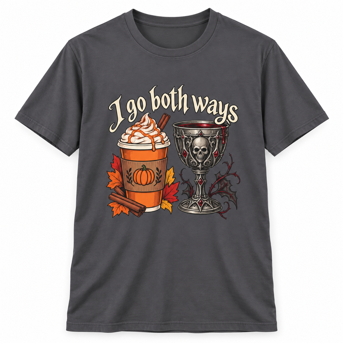 I Go Both Ways t-shirt from Haunt Season, a pumpkin spice and gothic design, colorway 4 of 6.