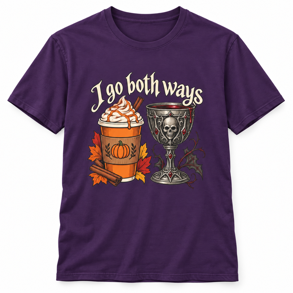 I Go Both Ways t-shirt from Haunt Season, a pumpkin spice and gothic design, colorway 5 of 6.