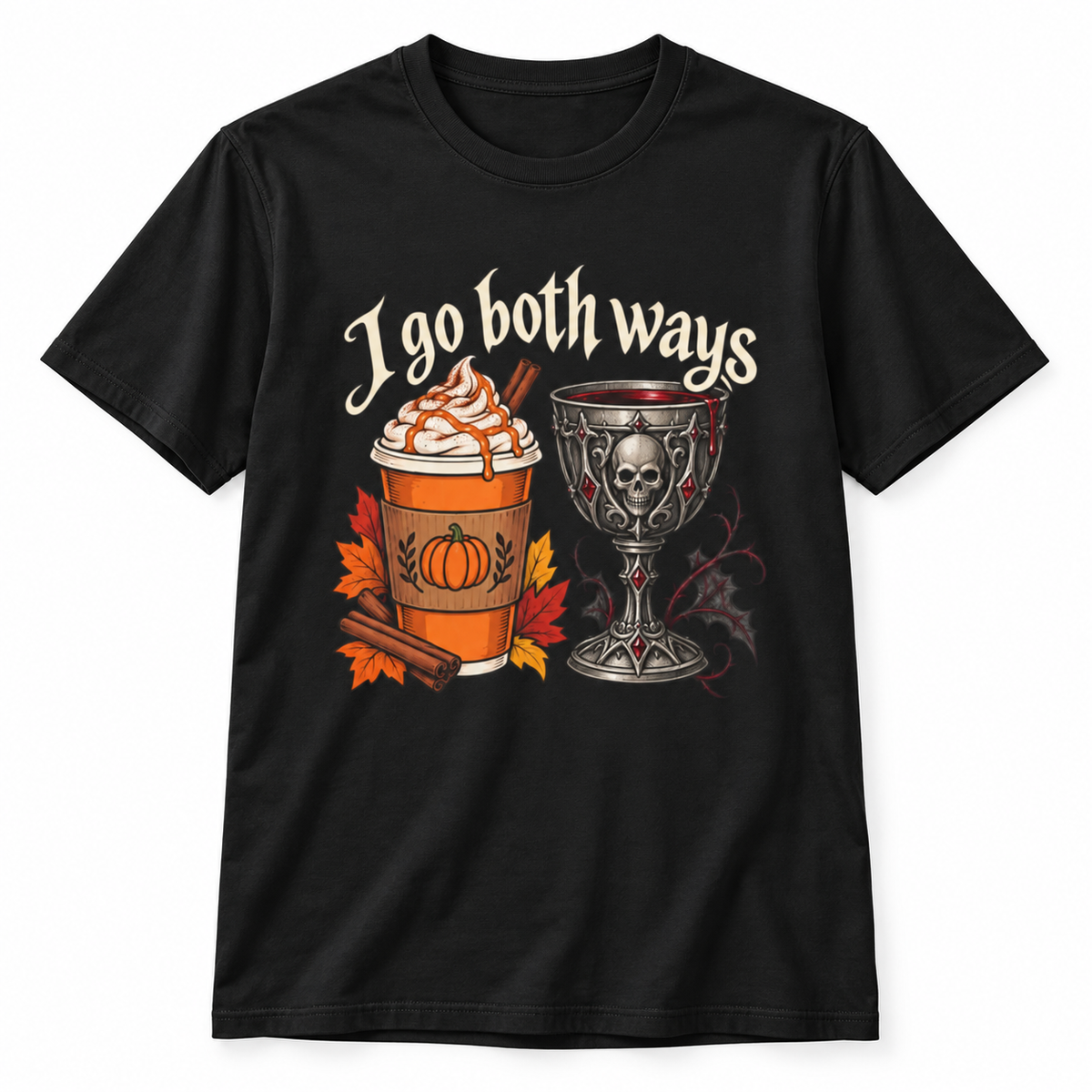 I Go Both Ways t-shirt from Haunt Season, a pumpkin spice and gothic design, colorway 6 of 6.