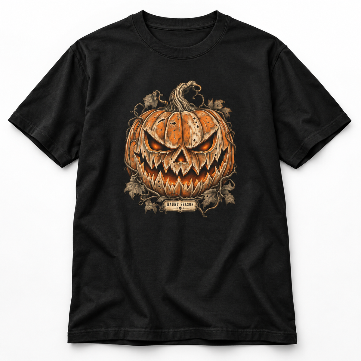 Jack-O'-Lantern Study black heavyweight t-shirt with a carved pumpkin specimen graphic, from Haunt Season.