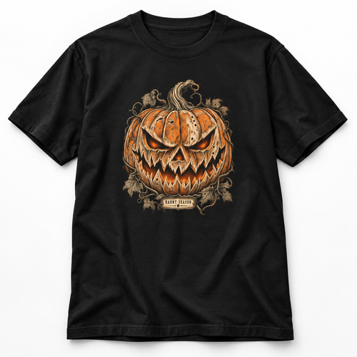 Jack-O'-Lantern Study black heavyweight t-shirt with a carved pumpkin specimen graphic, from Haunt Season.