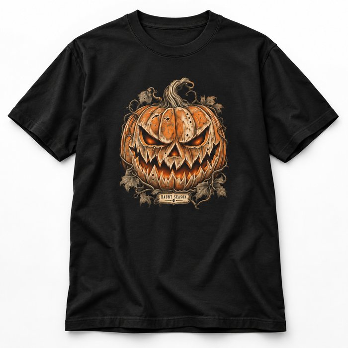 Jack-O'-Lantern Study black heavyweight t-shirt with a carved pumpkin specimen graphic, from Haunt Season.