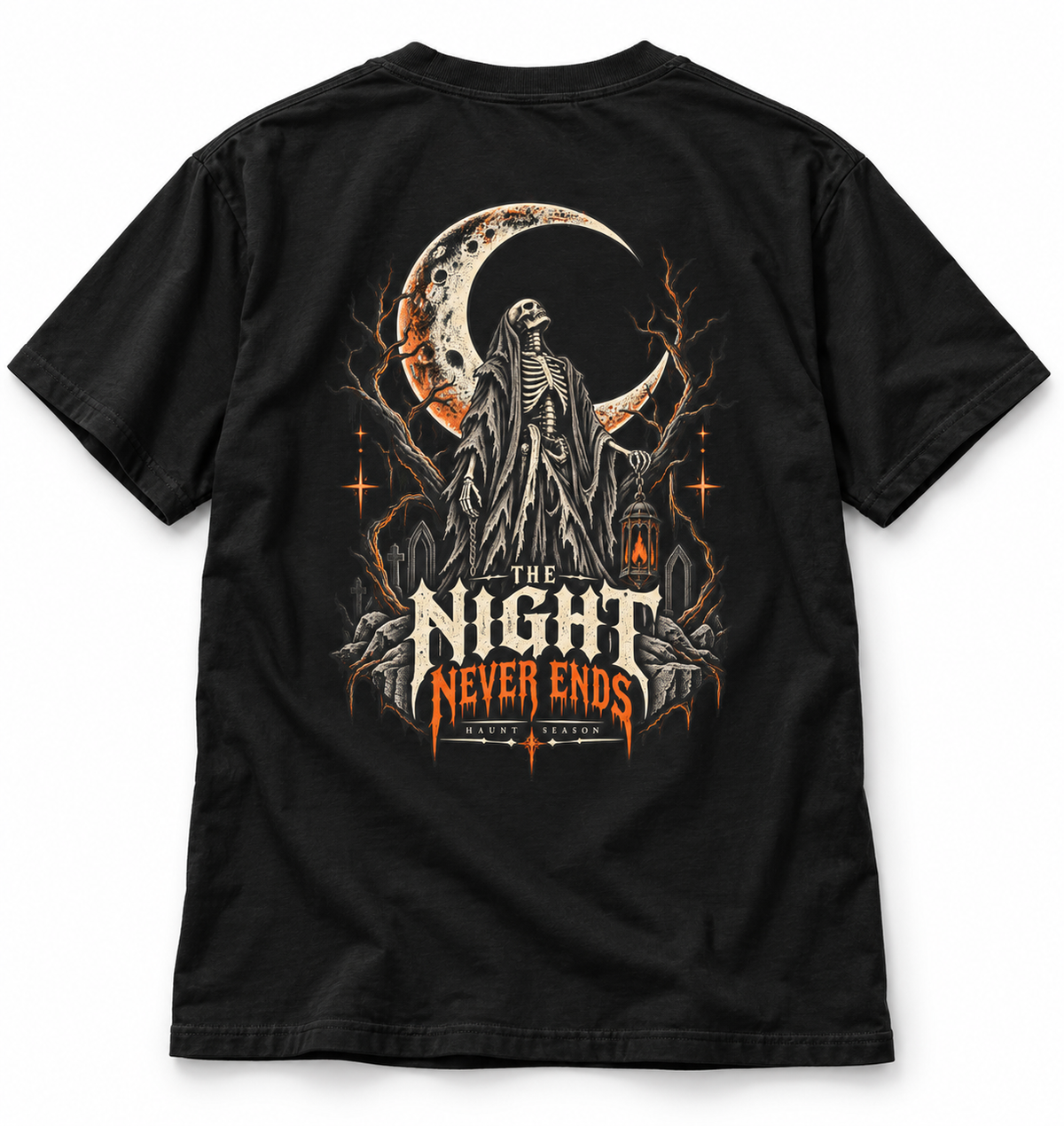 Night Never Ends black heavyweight t-shirt with a reaper and moon graphic, from Haunt Season.