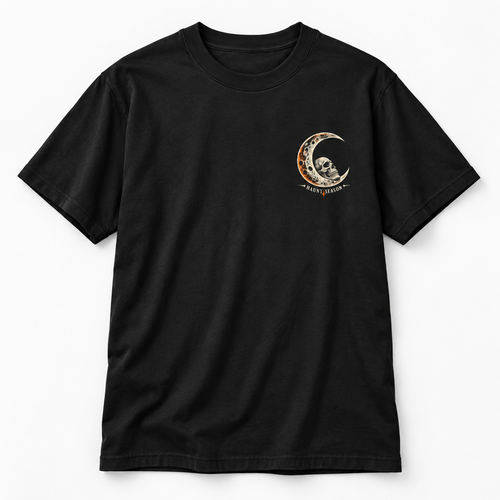 Night Never Ends black heavyweight t-shirt with a reaper and moon graphic, alternate view.